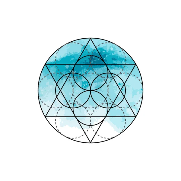 Símbolo de alquimia y geometría sagrada sobre el fondo azul acuarela. Ilustración lineal del carácter para el tatuaje de las líneas en el fondo aislado blanco . — Archivo Imágenes Vectoriales