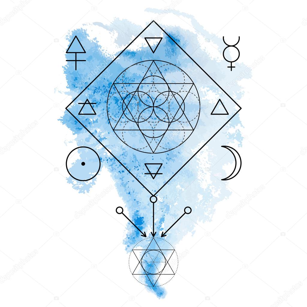 Symbol of alchemy and sacred geometry on the blue watercolor background. Linear character illustration for lines tattoo on the white isolated background.