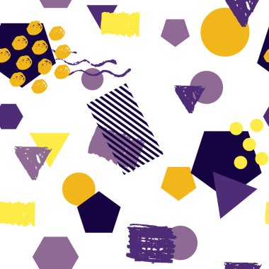 Kesintisiz renkli geometrik desen arka plan memphis tarzı ile esinlenerek. Üçgen, kare, daire tekstil tasarımı, moda poster için illüstrasyon.