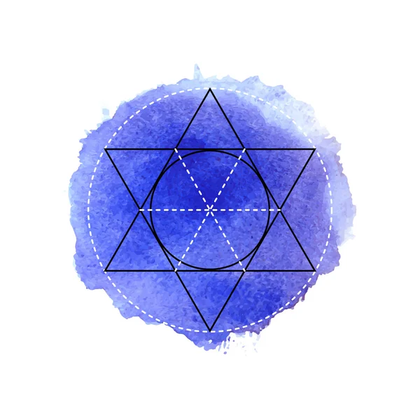 Symbol of alchemy and sacred geometry on the dark blue watercolor background. Linear character illustration for lines tattoo on the white isolated background. — Stock Vector