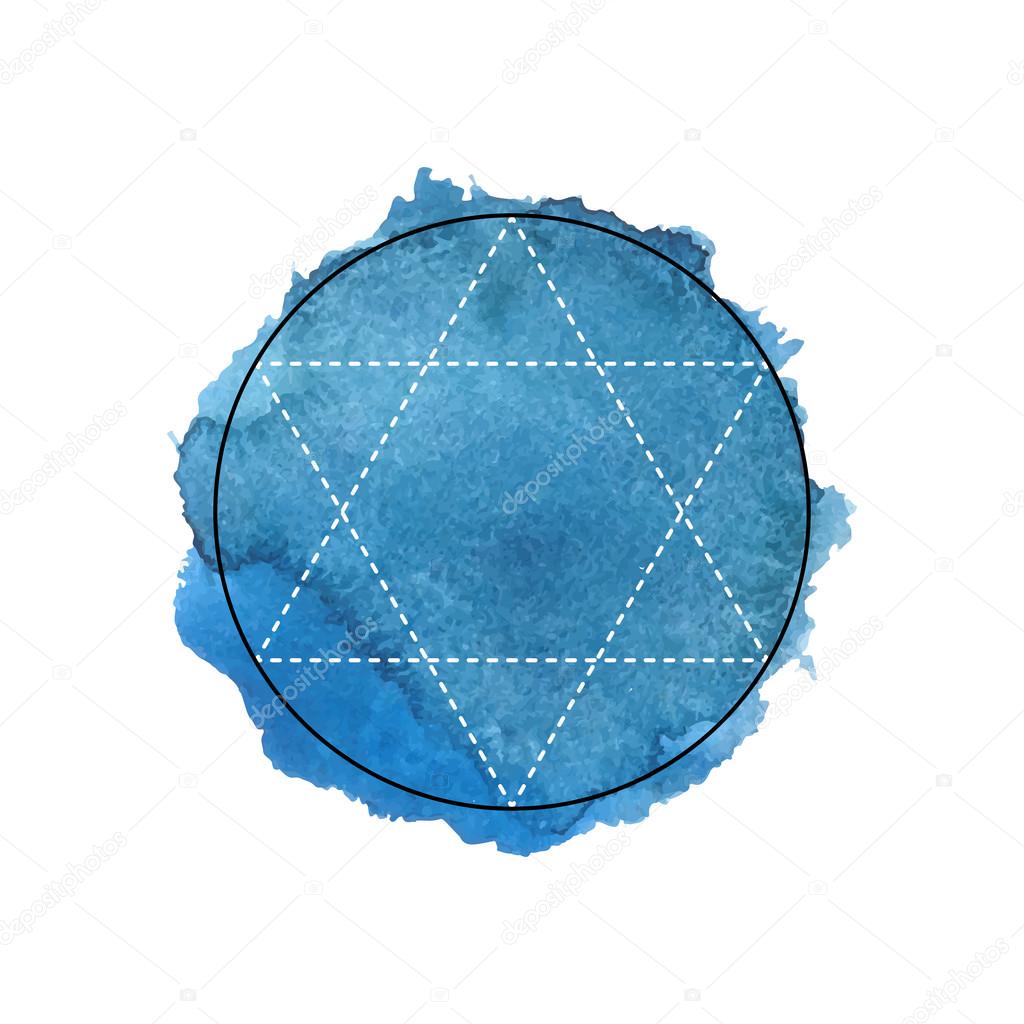 Symbol of alchemy and sacred geometry on the blue watercolor background. Linear character illustration for lines tattoo on the white isolated background.