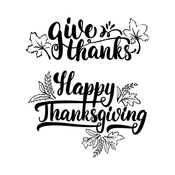 Благодарение и счастливый День Благодарения - каллиграфическая фраза с листьями. Осенняя открытка на белом фоне . — стоковый вектор