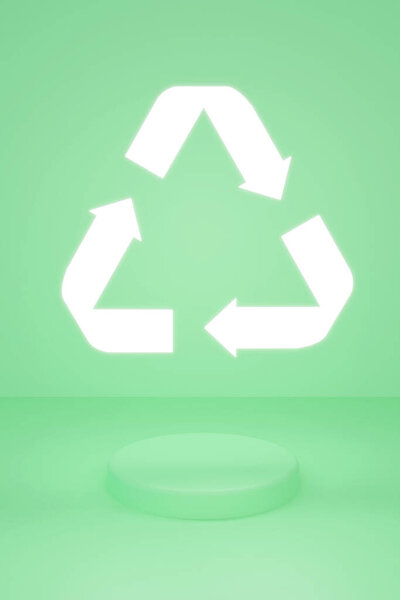 Знак Сокращение, повторное использование, Переработка на зеленом фоне со стеклянными шариками. Трехмерная эко-иллюстрация.