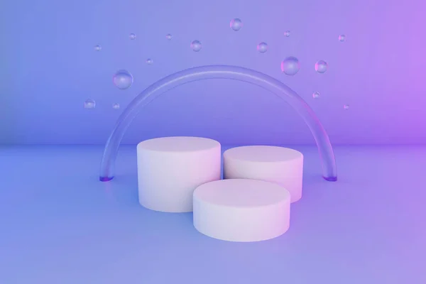 Pastel violet minimaal drie 3d achtergrond met neon effect. Affiche ontwerp met studio podium platform, glazen ballen en gloeiende bollen. Abstracte 3d renderen. — Stockfoto