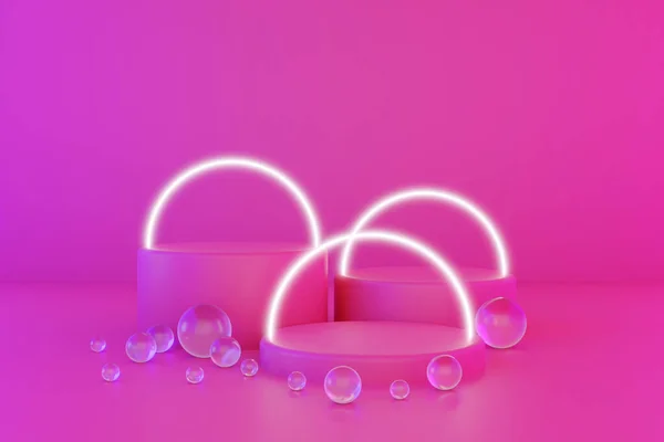 Pastel roze minimaal drie 3d achtergrond met neon effect. Affiche ontwerp met studio podium platform, glazen ballen en gloeiende bollen. Abstracte 3d renderen. — Stockfoto