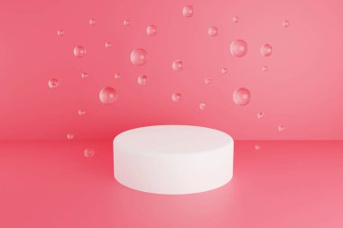 Pastel pembe minimum 3D arka plan. Stüdyo podyum platformlu poster tasarımı, cam toplar ve baloncuklar. Soyut 3d oluşturma.