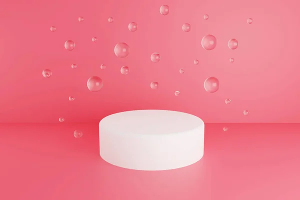 Pastel roze minimale 3D achtergrond. Affiche ontwerp met studio podium platform, glazen ballen en bellen. Abstracte 3d renderen. — Stockfoto
