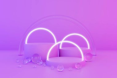 Pastel violet minimal three 3d background with neon effect. Poster design with studio podium platform, glass balls and glowing spheres. Abstract 3d render.  clipart