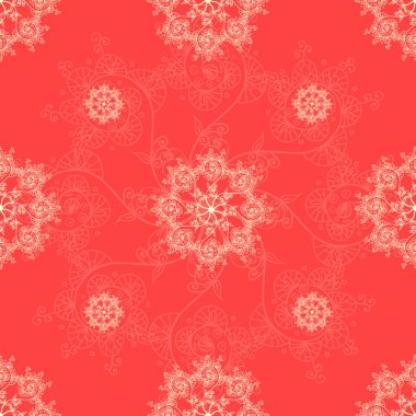 Kırmızı dikişsiz klasik desen arka plan, Noel ve Yeni Yıl tebrik kartı, kar tanesi süsleri ile davet