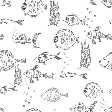 Sevimli balıklar ile siyah ve beyaz renk dikişsiz desen illüstrasyon arka plan