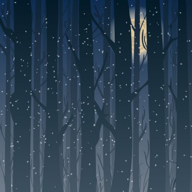 Geceleri bir kış ormanı silueti, arka planda ay ışığı ağaçları. 