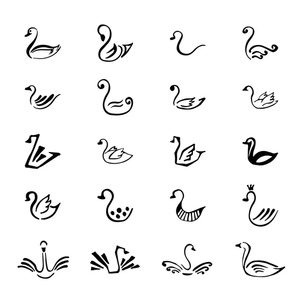 Set von 20 Skizzen handgezeichnetes Logo des schwarzen Schwans isoliert auf weißem Hintergrund — Stockvektor
