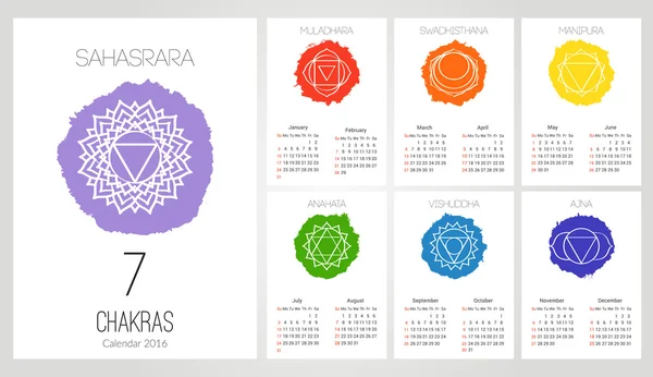 Kalender 2016 formgivningsmall med 7 chakran uppsättning 12 månader, symbolen för hinduism, buddhism. — Stock vektor