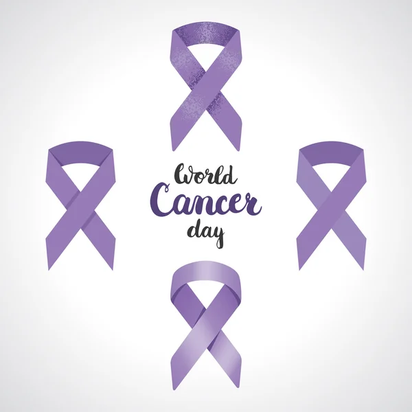Set dari empat lavender kesadaran pita simbol 4 Februari Hari Kanker Dunia dengan konsep pita dan huruf dan - Stok Vektor