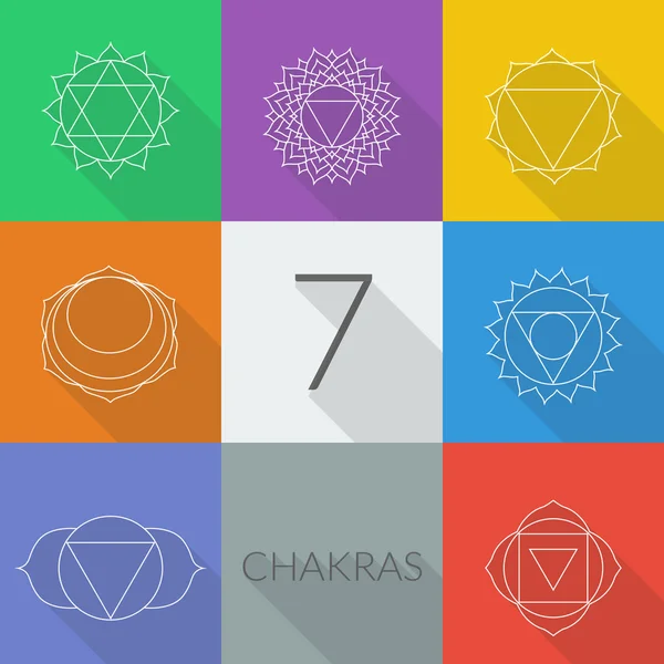 Les sept chakras de style vectoriel mis à plat avec des ombres. Illustration linéaire du caractère de l'hindouisme et du bouddhisme . — Image vectorielle