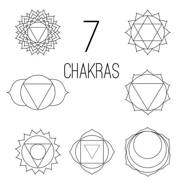 Os sete chakras definir estilo preto no fundo branco. Ilustração de caráter linear do hinduísmo e do budismo . — Vetor de Stock