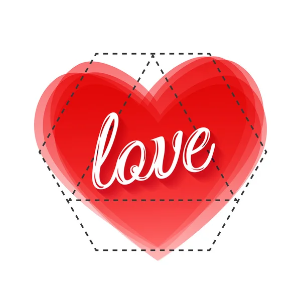 Red transparent heart in a geometrical frame with the word love in the center. Romantic background for Valentine's Day. — Stock Vector