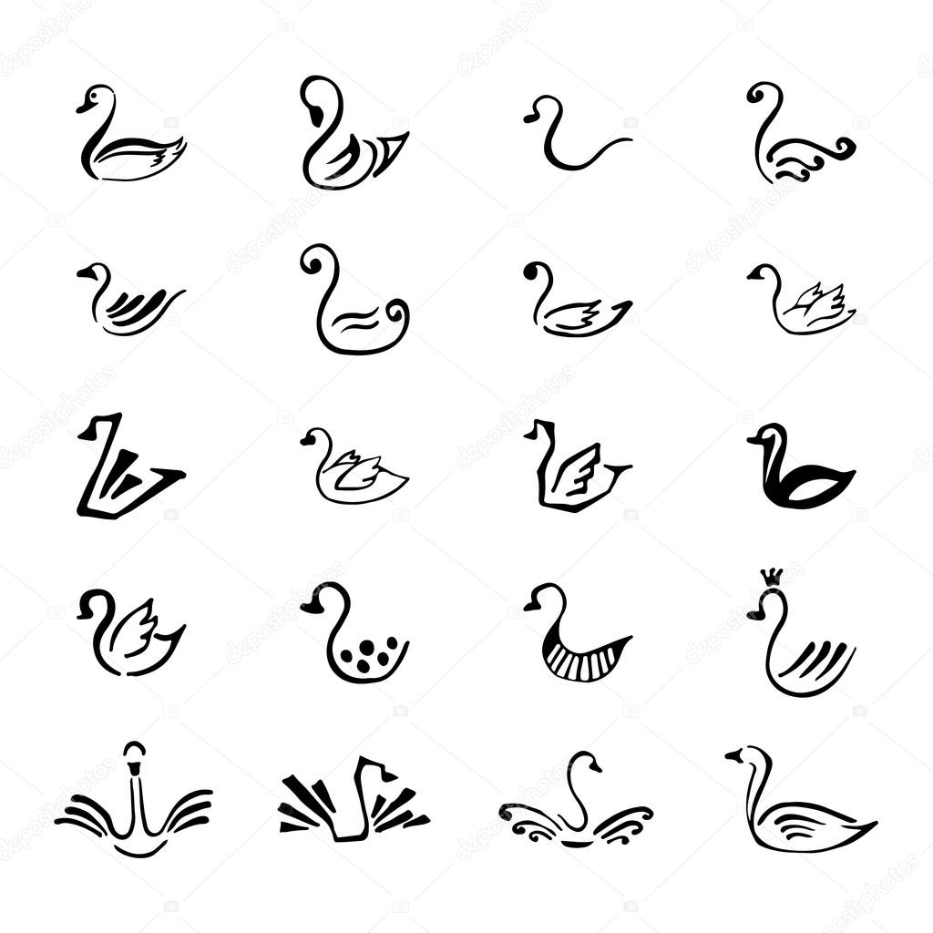 Set of 20 sketch hand drawn logo elements of black swan isolated on the white background