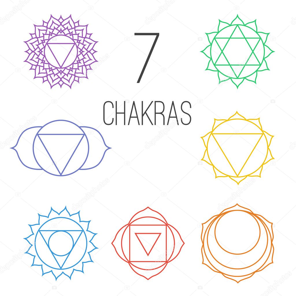 Set of seven colorful chakras. Linear character illustration of Hinduism and Buddhism. 