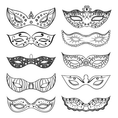 Beyaz arka plan üzerinde izole şenlikli siyah el çizilmiş maske siluet seti. Mardi Gras maskeleri.