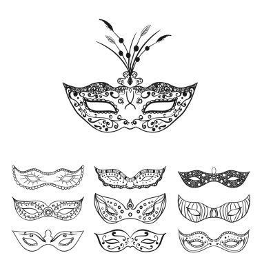 Beyaz arka plan üzerinde izole şenlikli siyah el çizilmiş maske siluet seti. Mardi Gras maskeleri.
