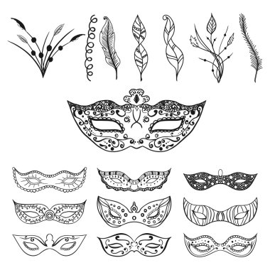 Tüyler ivedi ve yaprakları ile beyaz arka plan üzerinde izole şenlikli siyah el çizilmiş maske siluet seti