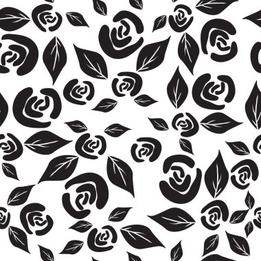 Gül ve yaprakları ile siyah ve beyaz dikişsiz desen