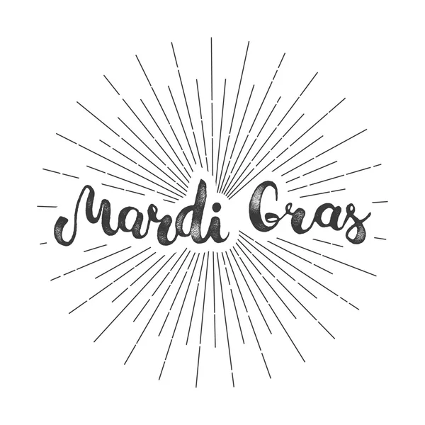 Μάρντι Γκρα γράμματα χέρι γκραντζ καλλιγραφικό κείμενο Μάρντι Γκρα με φως έκρηξη και ακτίνες. — Διανυσματικό Αρχείο
