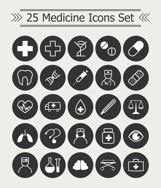 Conjunto de 25 linha ícones de medicina branco no fundo círculo preto — Vetor de Stock