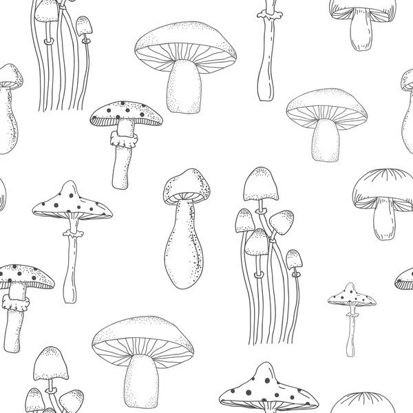 Черно-белый цвет бесшовный фон узор с различными грибами — стоковый вектор