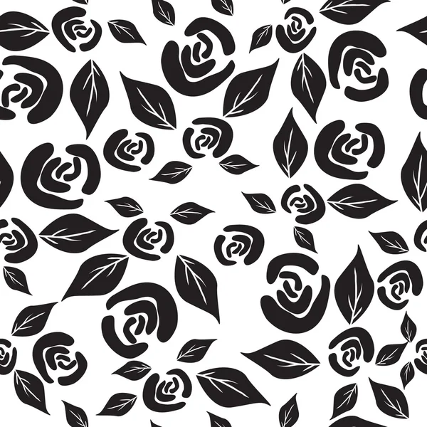Gül ve yaprakları ile siyah ve beyaz dikişsiz desen