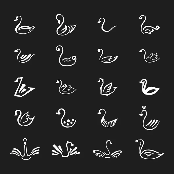 Set von 20 Skizzen handgezeichnetes Logo des weißen Schwans isoliert auf schwarzem Hintergrund — Stockvektor