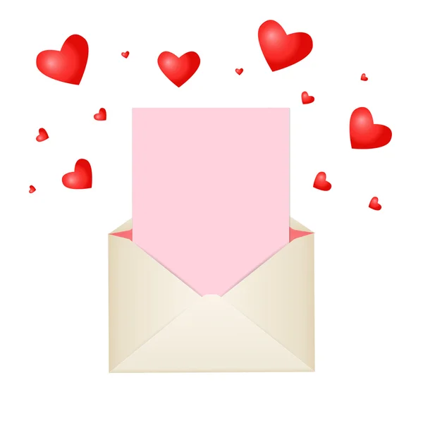 Postal envelope with piece of paper and red hearts for greeting with Valentine Day or for your wedding invitations — Stock Vector