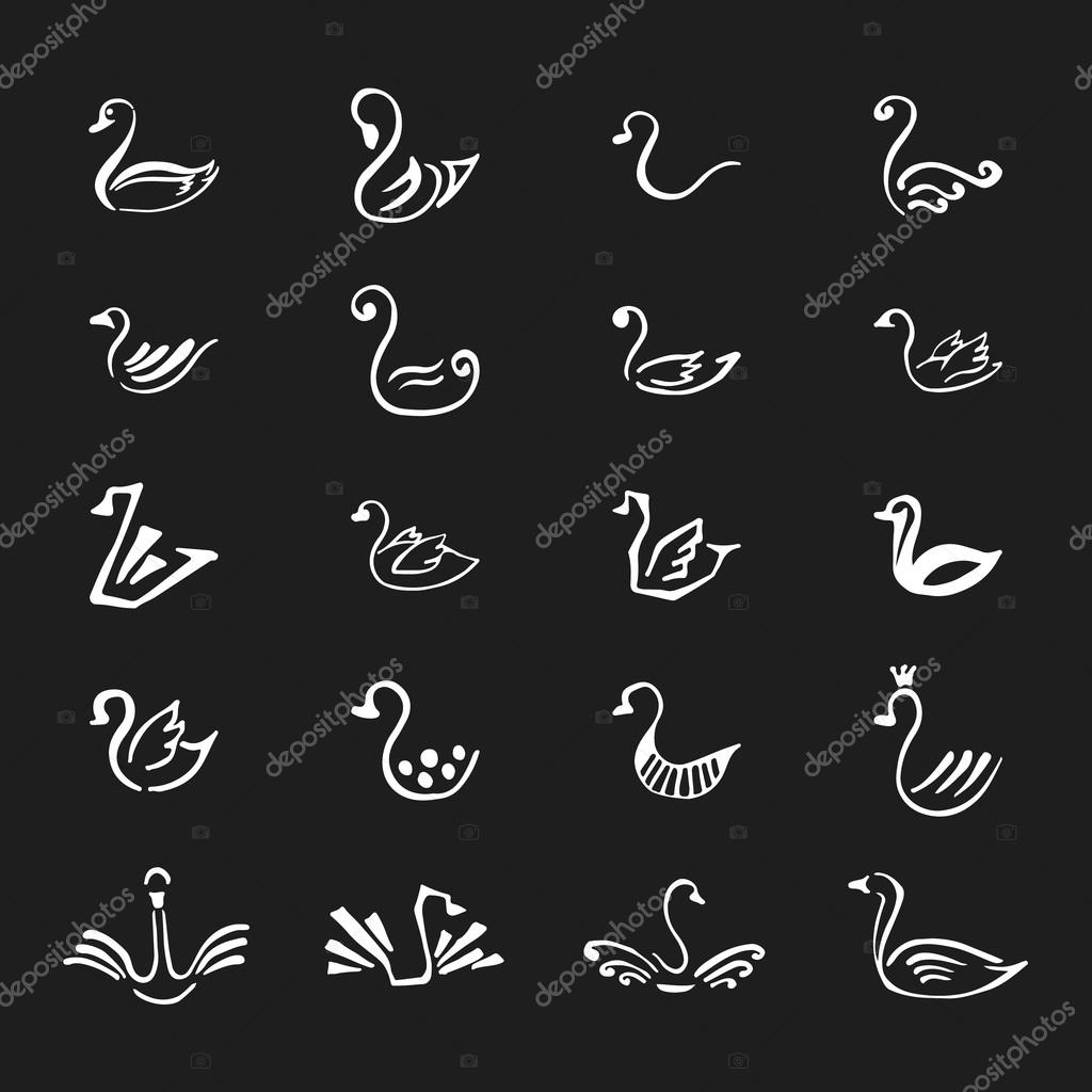 Set of 20 sketch hand drawn logo of white swan isolated on the black color background