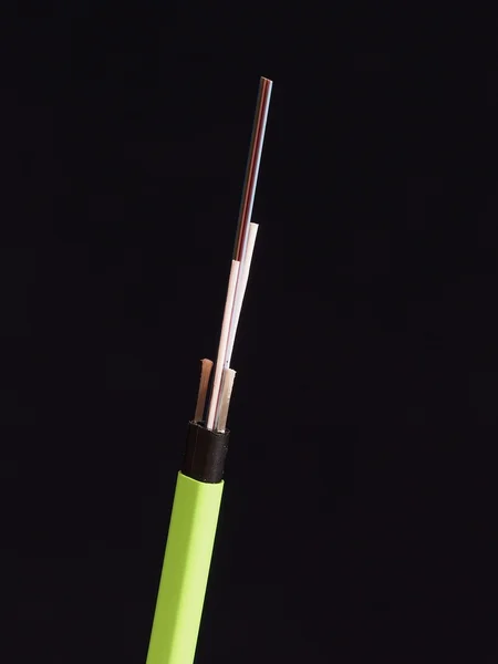 Zelený Nylon potažený kabel s optickým vláknem se svlékl a vystaven vlákna před černým pozadím — Stock fotografie