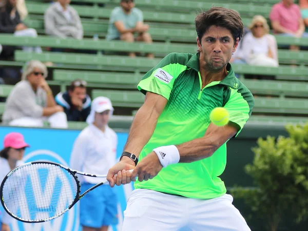 Fernando Verdasco en un partido de xhibición y práctica en Kooyong TC justo antes de Topspin Backhand Impact — Foto de Stock