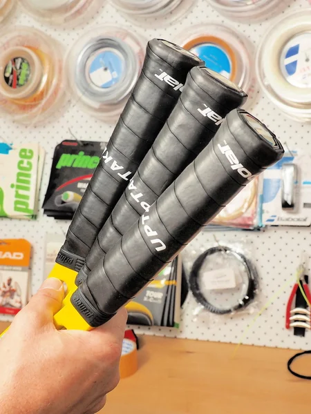 Finished base grips on 3 Tennis racquets — Stock Photo, Image