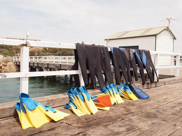 A búvárok a mólón szárítás wetsuits — Stock Fotó
