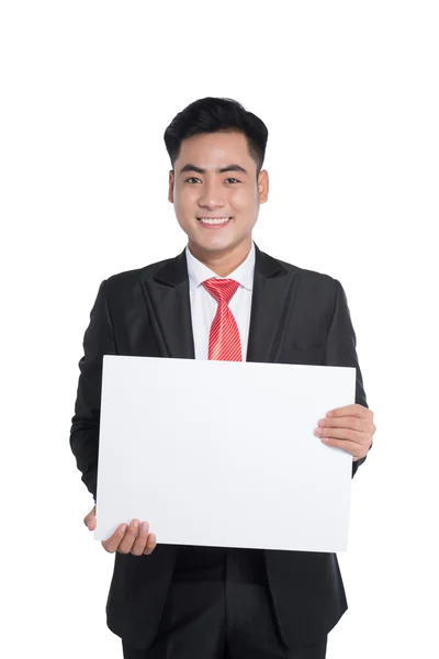 Joven feliz mostrando pancarta —  Fotos de Stock