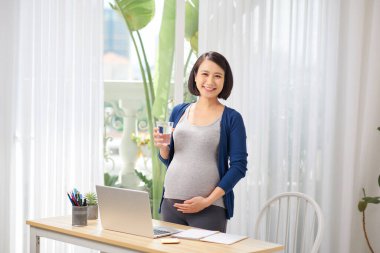 hamile serbest çalışan biri dizüstü bilgisayarın yanında karnına dokunuyor, masada bir bardak su