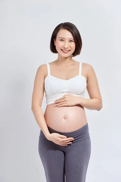 Uma Bela Mulher Asiática Tocando Sua Barriga Conceito Gravidez Expectativa — Fotografia de Stock