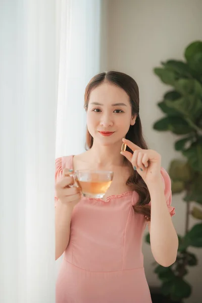 Sorriso Asiático Mulher Saudável Dieta Com Nutrição Vitaminas Alimentação Saudável — Fotografia de Stock