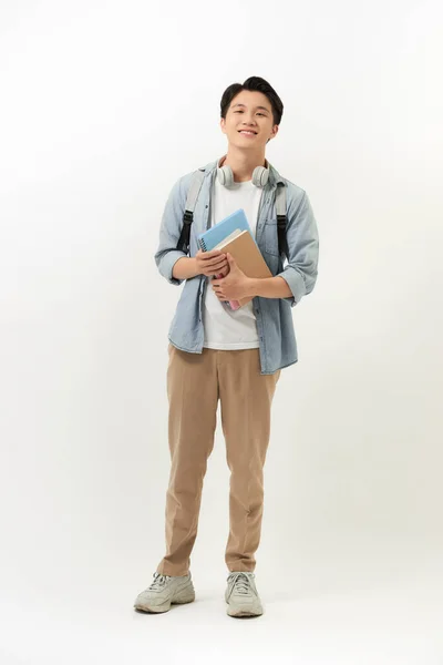 Adolescente Sonriente Con Una Bolsa Escuela Pie Fondo Pared — Foto de Stock