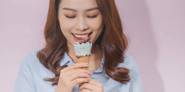 Cute Young Female Model Eating Ice Cream Cone — Stock Photo, Image