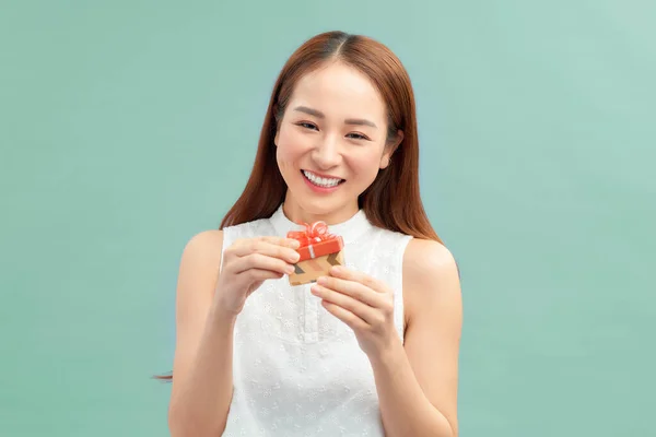 Happy Smiling Woman Holding Small Red Gift Box — Stock Photo, Image