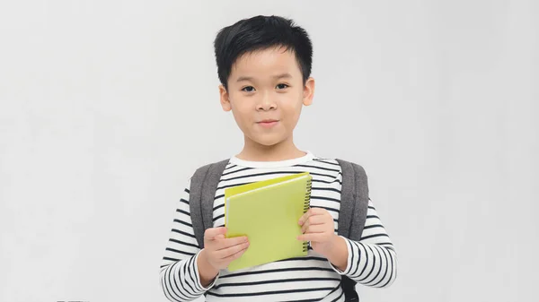 Educazione Infanzia Concetto Scuola Piccolo Studente Sorridente Con Libro Verde — Foto Stock