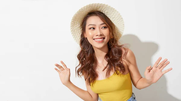 Moda Verão Conjunto Bela Mulher Asiática Com Chapéu — Fotografia de Stock