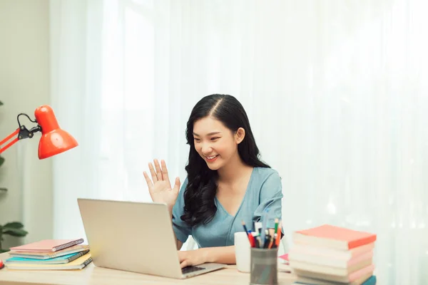 Positive Cheerful Asian Girl Have Online Video Call Broadcast Meet — Stock Photo, Image