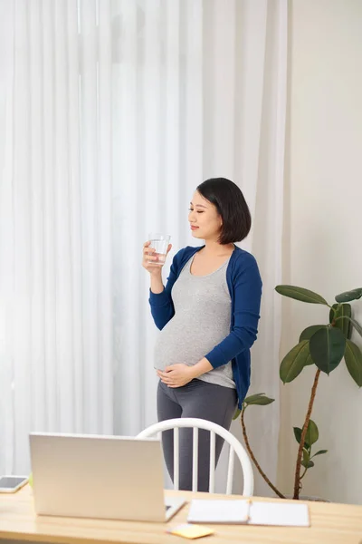 Enfoque Selectivo Mujer Embarazada Usando Ordenador Portátil Mientras Trabaja Desde — Foto de Stock
