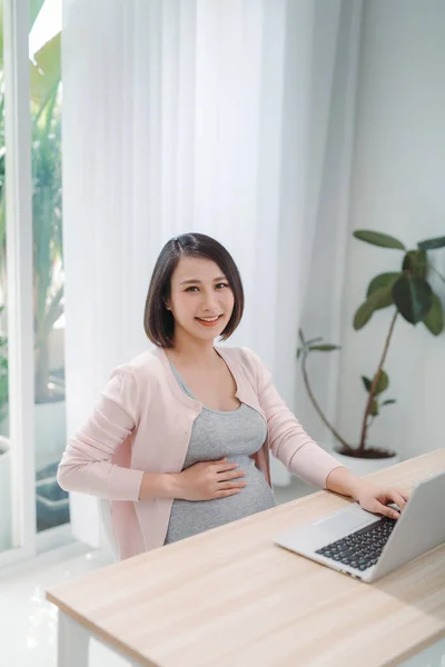 Young Expectant Lady Surfing Net Remote Working Buying Goods Newborn — Stock Photo, Image